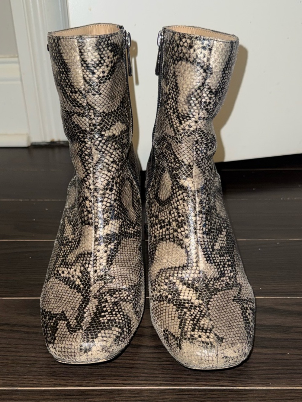 Snake-Print Ankle Booties in Beige and Black